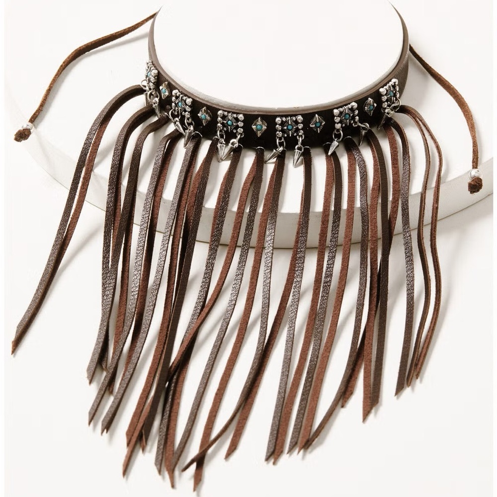 Idyllwind ‘Smokey Hill’ Boho Brown Fringe Choker Necklace with Turquoise Accents